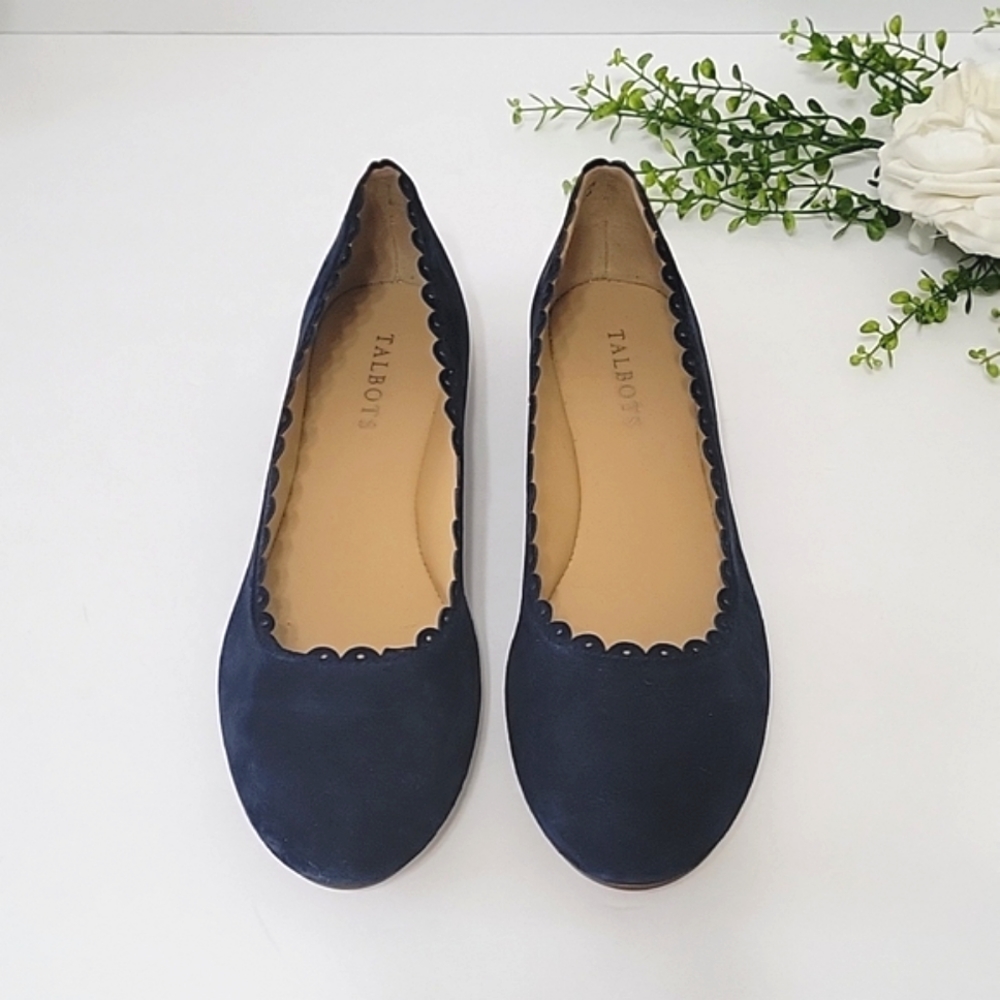 Talbots Penelope scalloped navy blue ballet flats gold block heel women's size 8